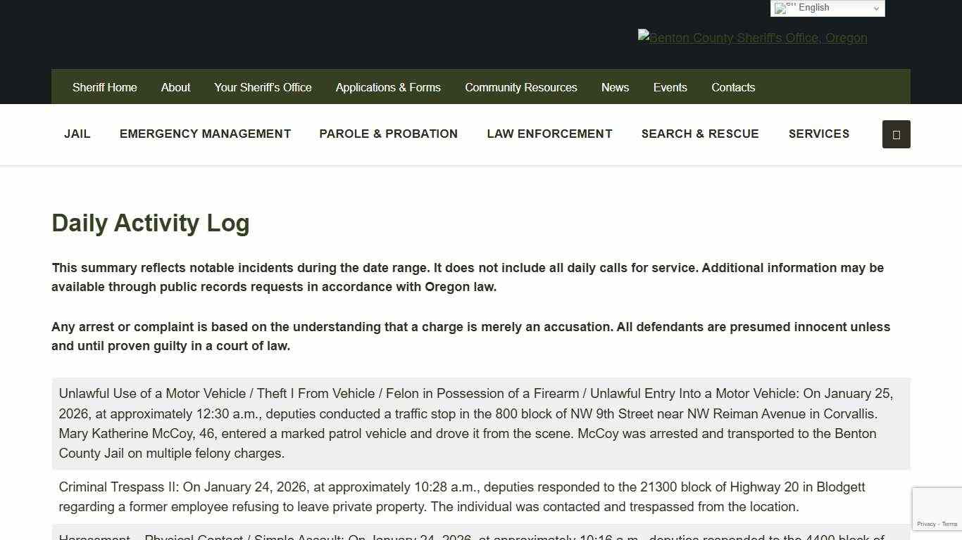 Daily Activity Log - Benton County Sheriff's Office, Oregon